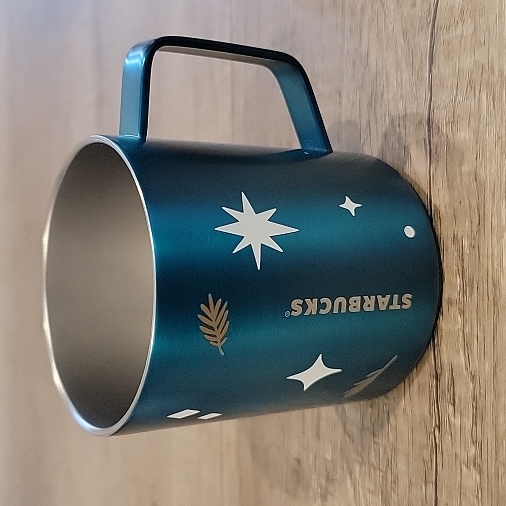 NWT STARBUCK  XMAS 14 OZ BLUE GREEN STAINLESS STEEL MUG